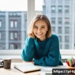 Home 21 웹 기술을 활용한 개인 브랜딩 전략 - **Prompt:** "A young woman, 25 years old, a Polish blogger, sitting at a desk in a bright, modern ap...