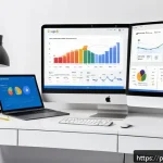 Home 23 웹사이트 성과 분석을 위한 Google Analytics 활용 - A modern digital marketing workspace featuring a large computer screen displaying detailed Google An...