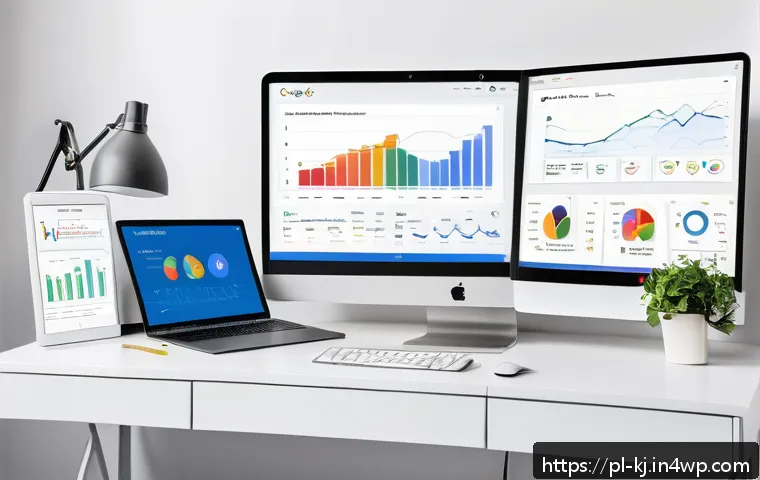 웹사이트 성과 분석을 위한 Google Analytics 활용 - A modern digital marketing workspace featuring a large computer screen displaying detailed Google An...
