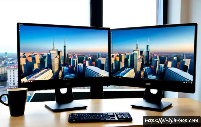 Home 17 JavaScript 프레임워크 비교 React vs Vue - Photorealistic modern software developer workspace in Warsaw, Poland, two large side-by-side monitor...