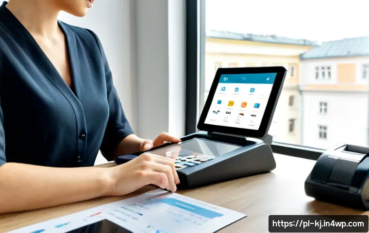 Home 17 API 연동을 통한 기능 확장의 실제 사례 - Photorealistic modern Warsaw small-business office, Polish entrepreneur viewing a clean tablet dashb...