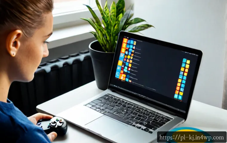 HTML5 웹 게임 개발 예제 및 가이드 - Photorealistic home workspace in Poland, an adult web developer seated at a clean desk using a lapto...